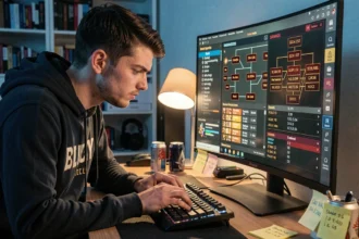 Joueur concentré analysant un build complexe sur un écran ultrawide avec arbres de compétences et statistiques de DPS dans Path of Exile 2