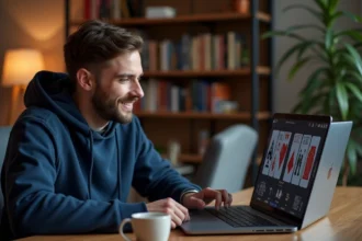 Homme jouant à la belote coinchée en ligne sur un ordinateur portable à son bureau à domicile