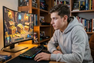 Joueur de jeu vidéo concentré devant son écran affichant une interface de jeu fantasy avec des trésors, illustrant les erreurs à éviter dans L'occasion fait le larron sur Dofus