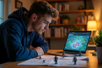 Joueur de TFT analysant sa composition sur un bureau avec des notes stratégiques et un laptop affichant un outil de team building