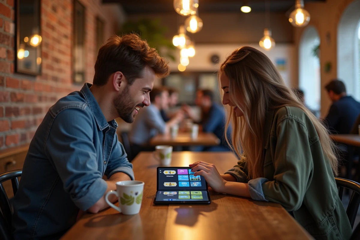 Deux joueurs de TFT discutant d'une stratégie de pivot économique ensemble autour d'une tablette dans un café
