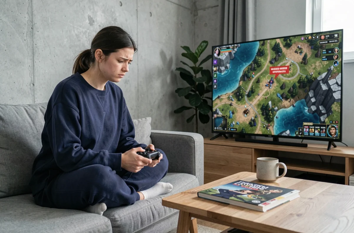 Jeune femme frustrée tenant une manette de jeu devant un écran RPG avec un objectif raté, symbolisant les erreurs courantes dans le jeu Dofus