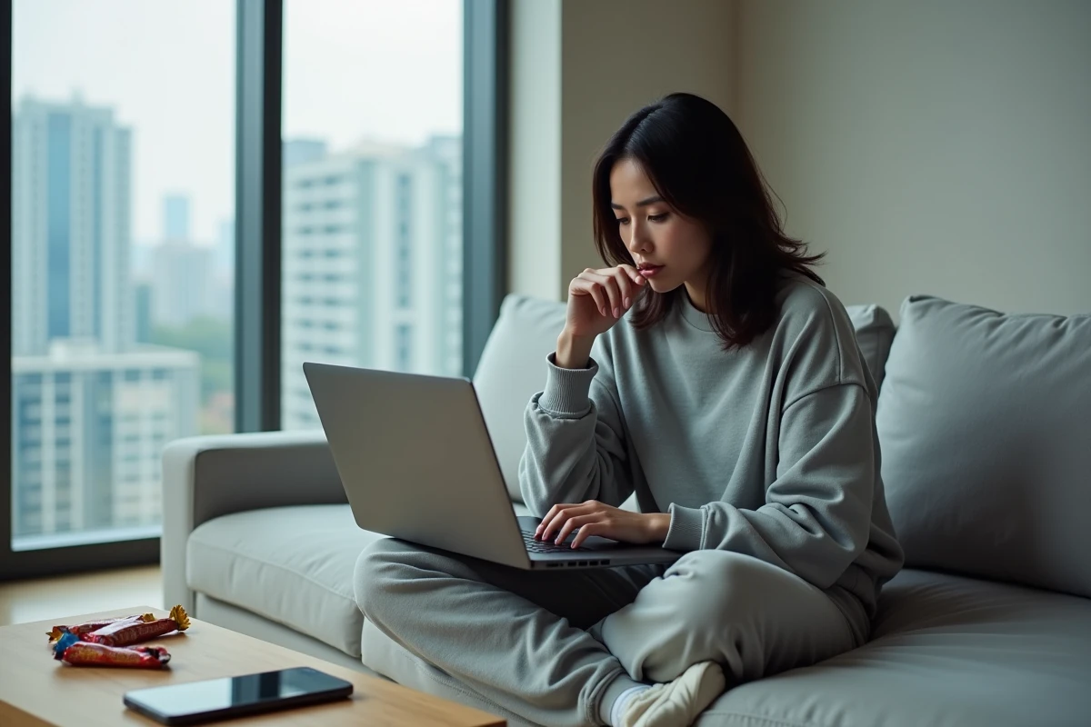 Joueuse de TFT réfléchissant à un pivot de composition sur son laptop dans un salon moderne