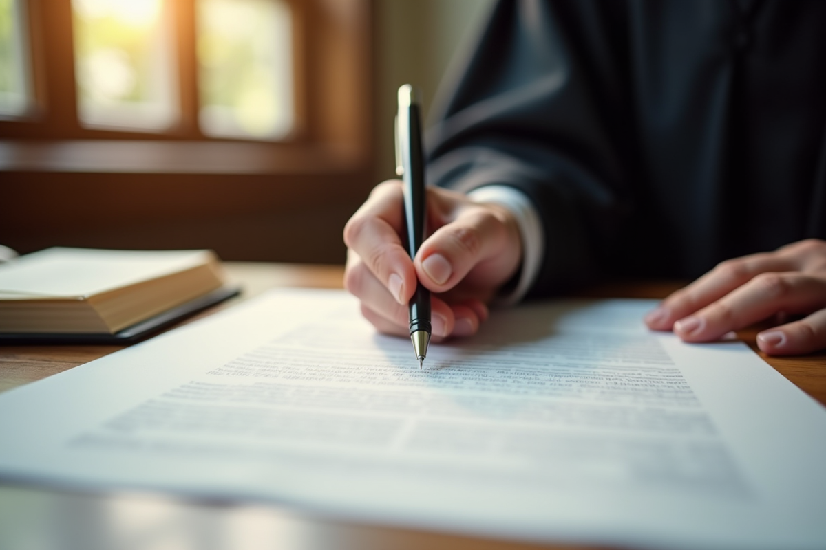 Main d'un juge tenant un stylo au-dessus d'un document juridique