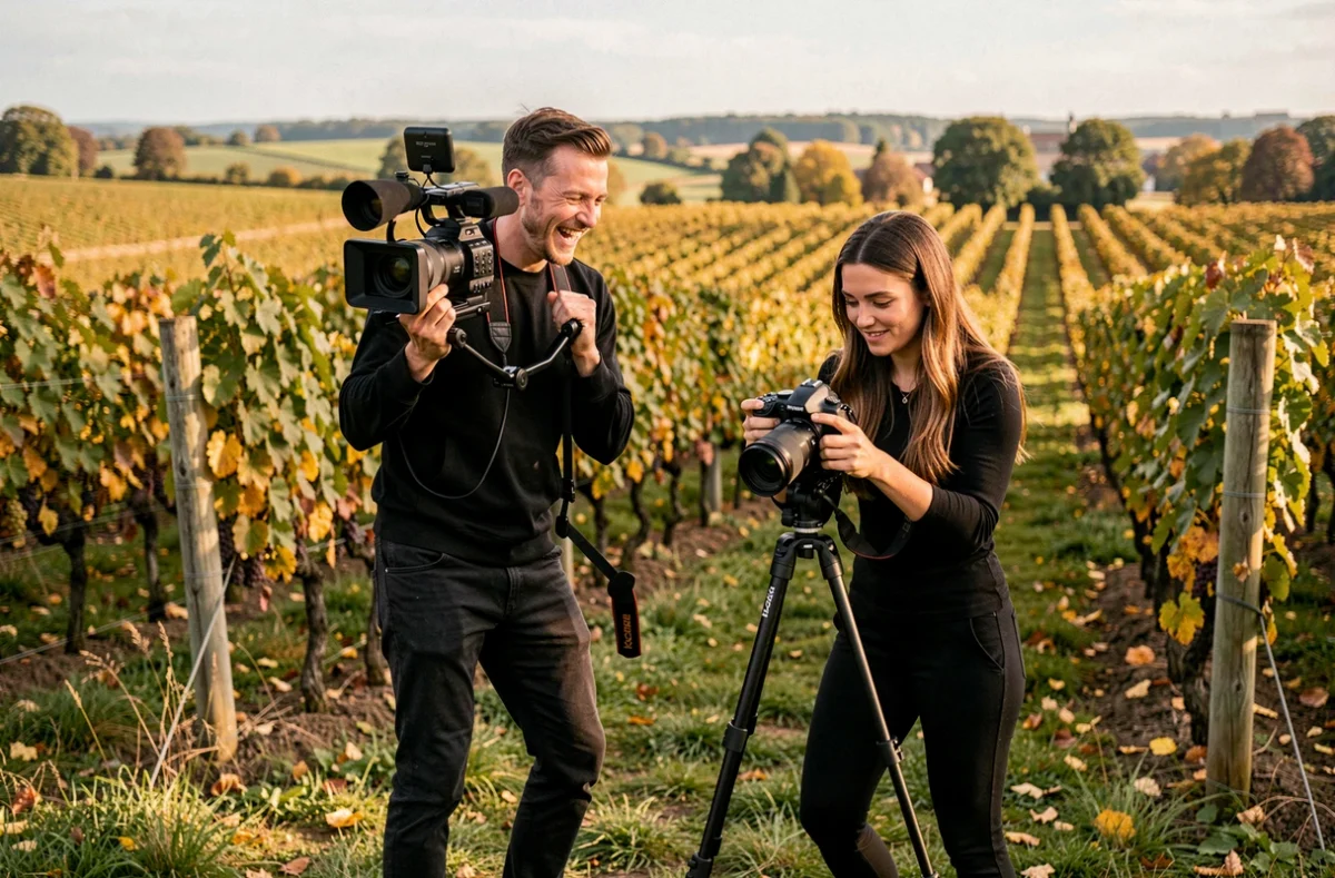 L'équipe KO Films et Photos en pleine préparation d'une séance portrait en extérieur dans un vignoble ligérien, caméra et DSLR en mains