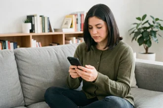 Femme lisant un document numérique sur smartphone via une application de scan, confortablement installée dans un salon moderne