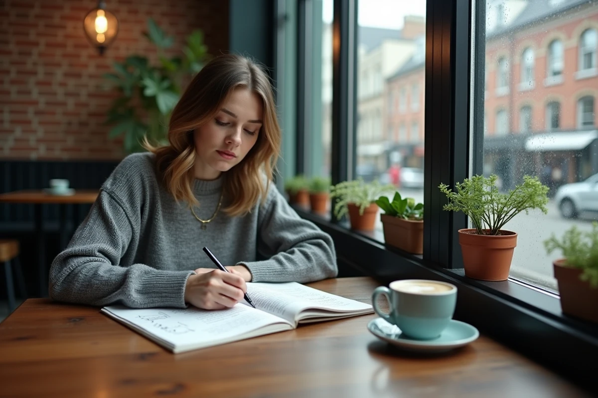 Jeune femme prenant des notes linguistiques sur l'évolution des mots dans un café urbain contemporain
