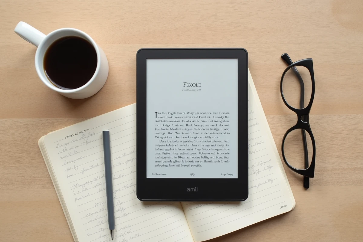 Vue de dessus d'une liseuse affichant un ebook gratuit posée sur une table en bois avec un carnet de notes et une tasse de café