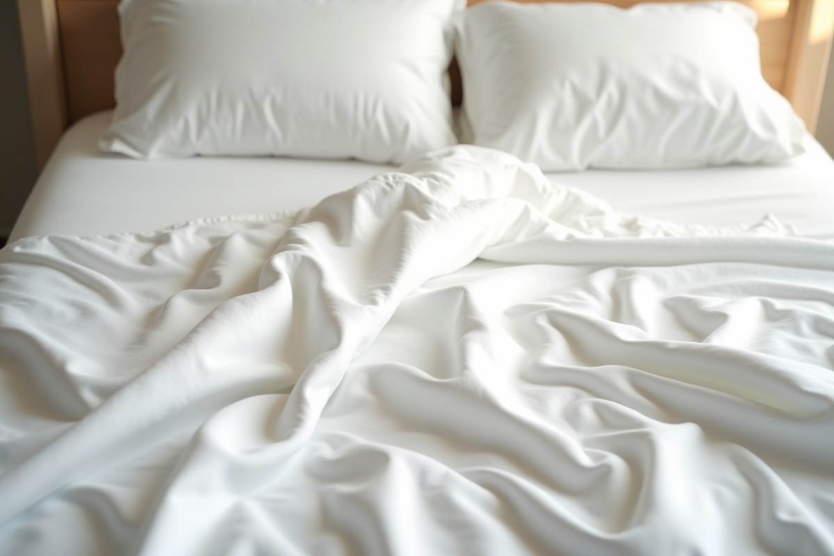 Lit avec draps en coton blanc et lumière du matin