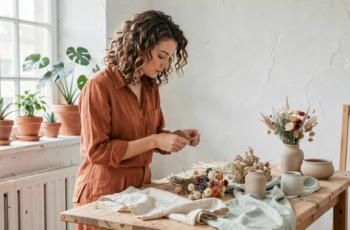 Photographe de Lona La Studio arrangeant des accessoires pour une séance portrait dans un atelier lumineux aux murs blanchis à la chaux, cheveux bouclés naturels