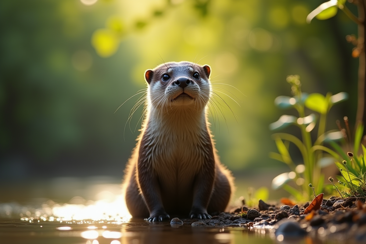 Loutre curieuse assise sur la rive au matin ensoleille