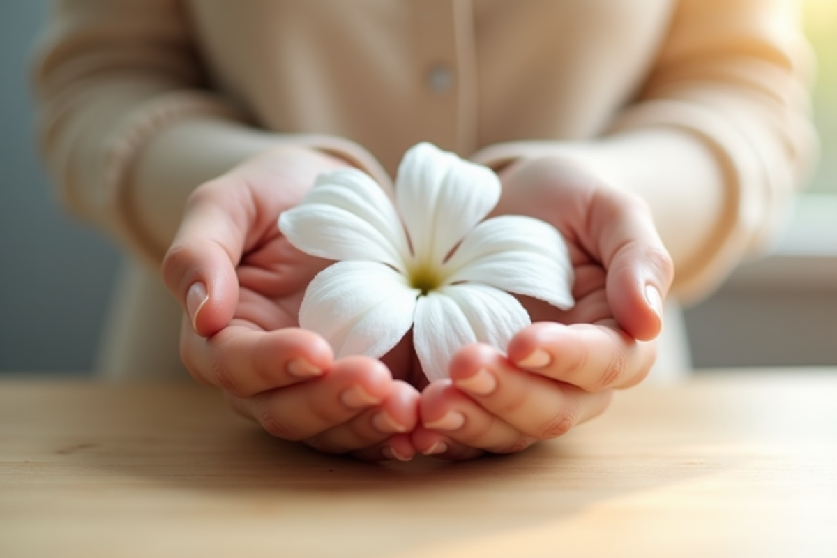 Mains tenant une fleur de coton blanc naturel