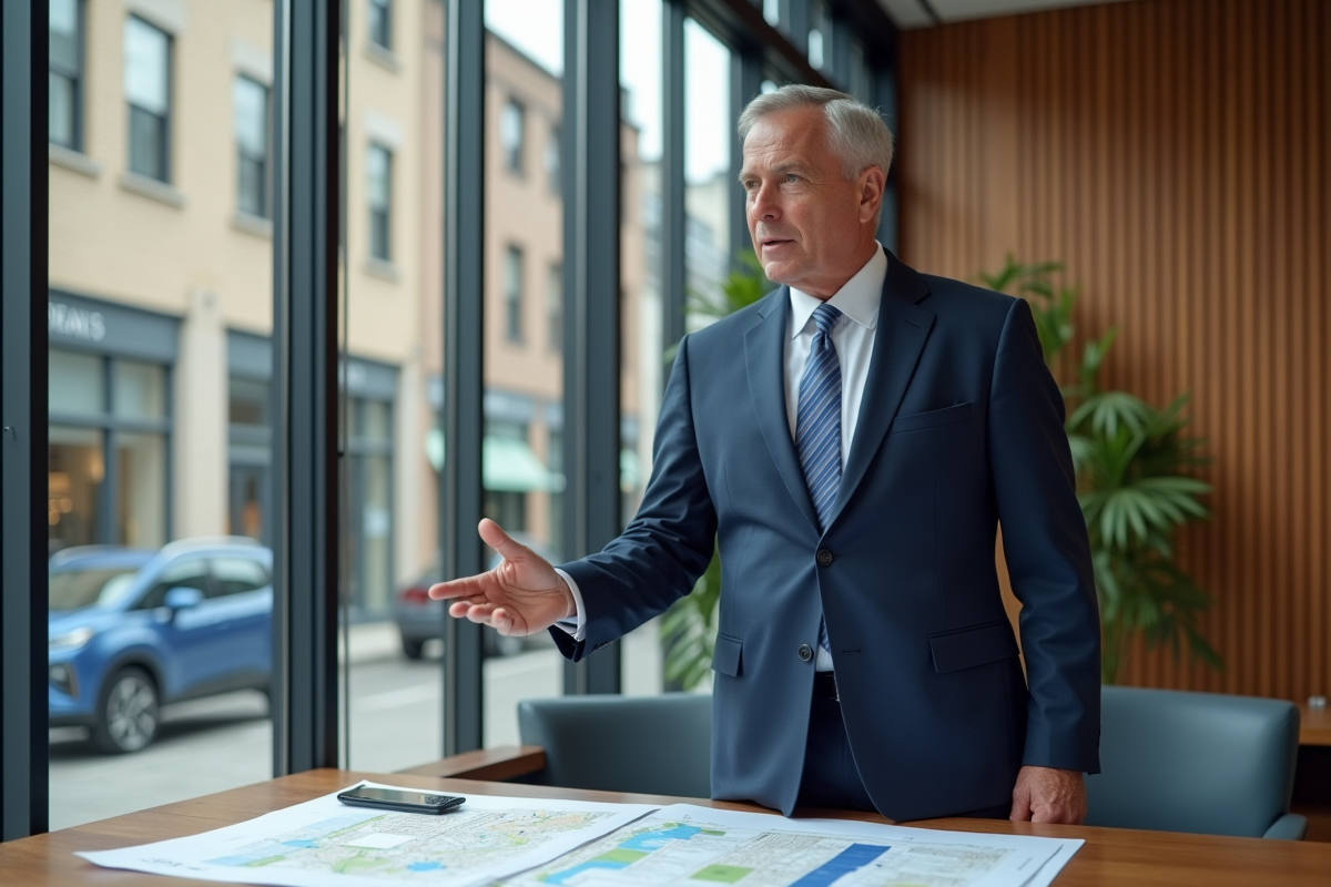 Maire en costume dans un bureau moderne avec plans urbains