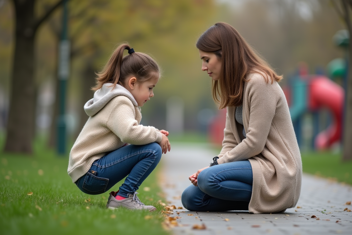 Maman calme parle à sa fille dans un parc