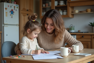 Femme et enfant coloriant dans la cuisine chaleureuse