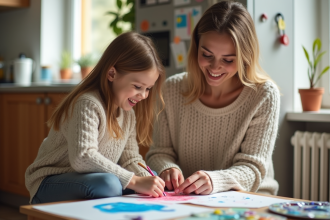 Maman et fille peignant ensemble dans la cuisine lumineuse