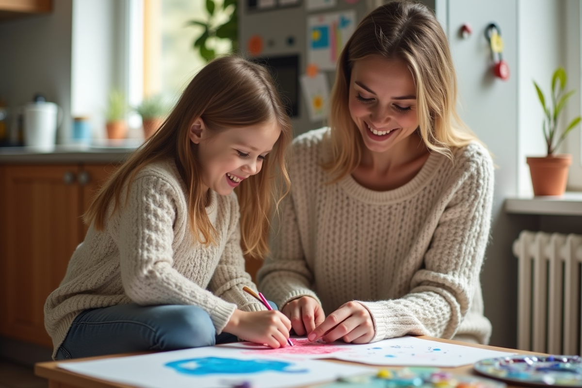 Maman et fille peignant ensemble dans la cuisine lumineuse