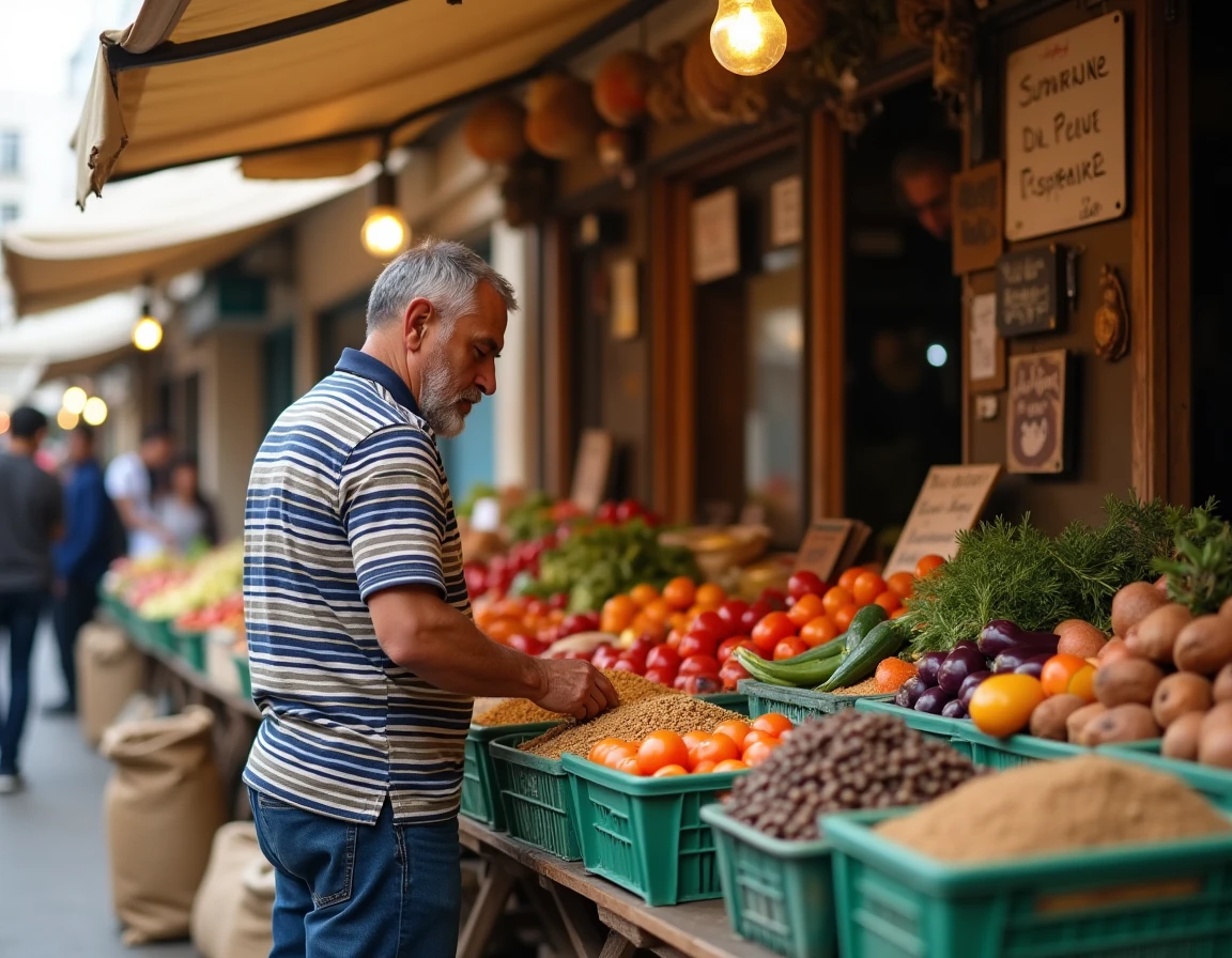 Marché de quartier dans les quartiers nord de Marseille avec commerçant et étals de fruits et légumes colorés