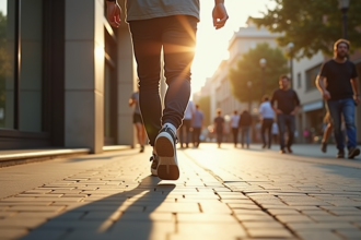 Personne marchant rapidement dans la ville en plein soleil