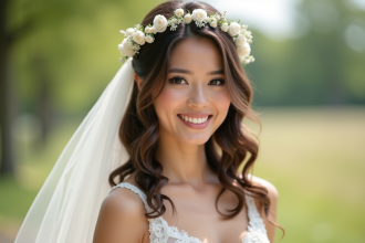 Mariée souriante avec coiffure florale naturelle
