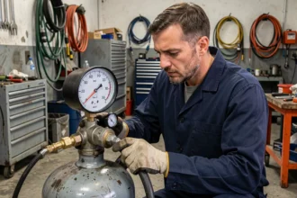 Mécanicien lisant un manomètre de compresseur d'air affichant des valeurs en psi et en bar dans un atelier automobile professionnel