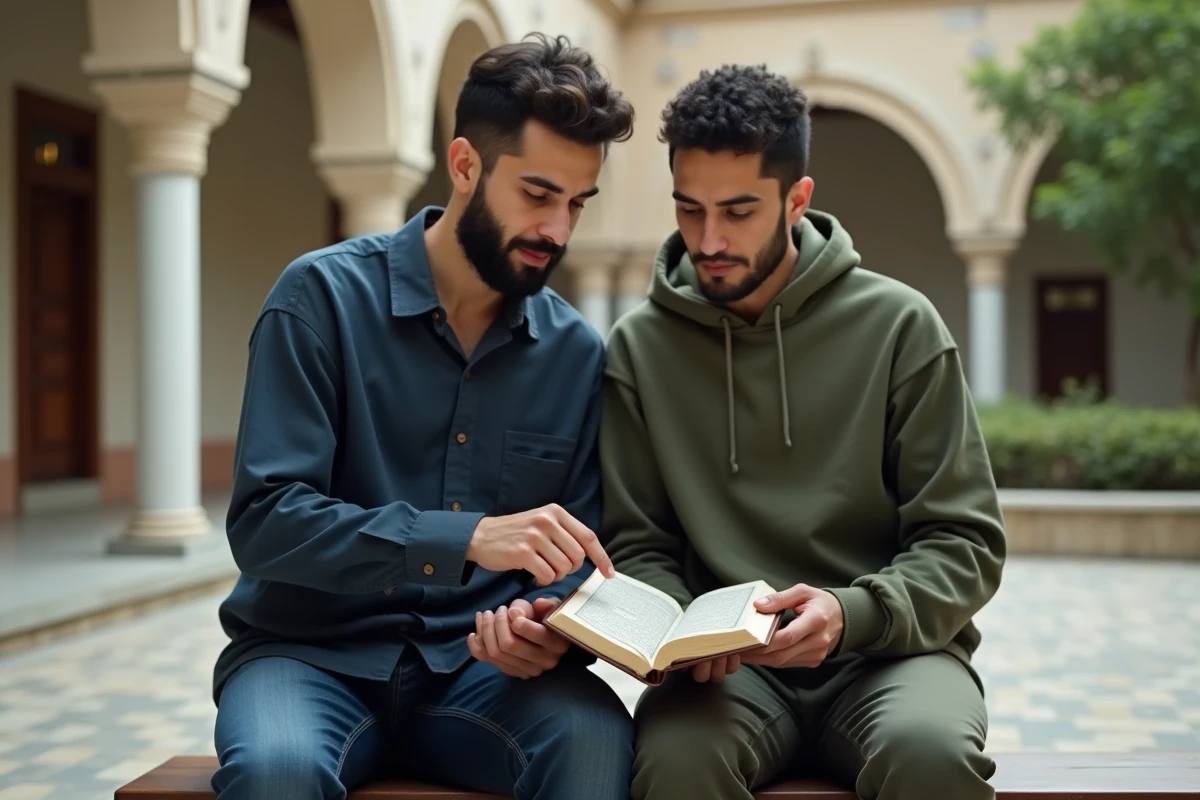 Deux jeunes hommes étudiant ensemble les versets de la sourate Al-Baqara dans une cour de mosquée