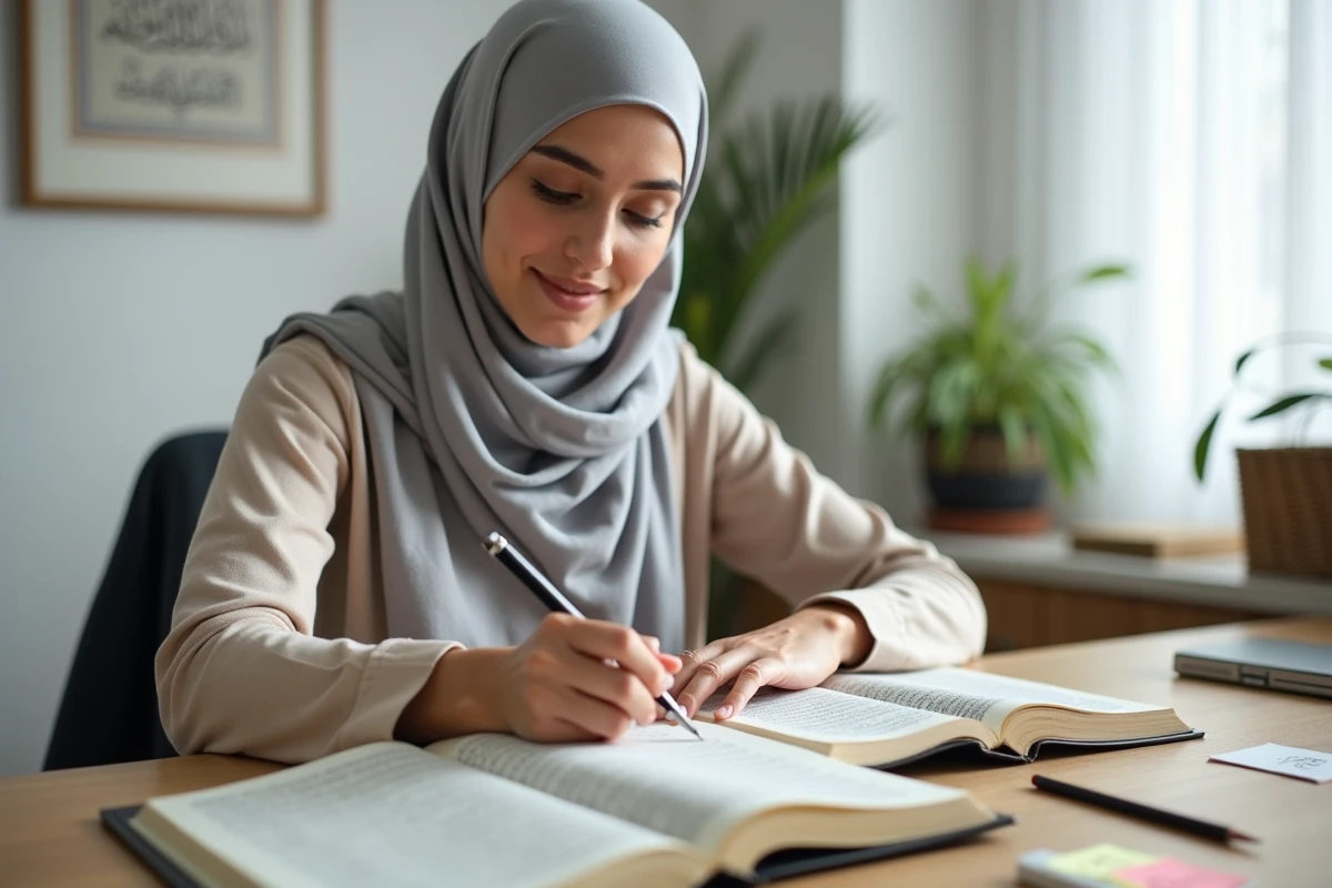Femme musulmane prenant des notes pour mémoriser les derniers versets de la sourate Al-Baqara