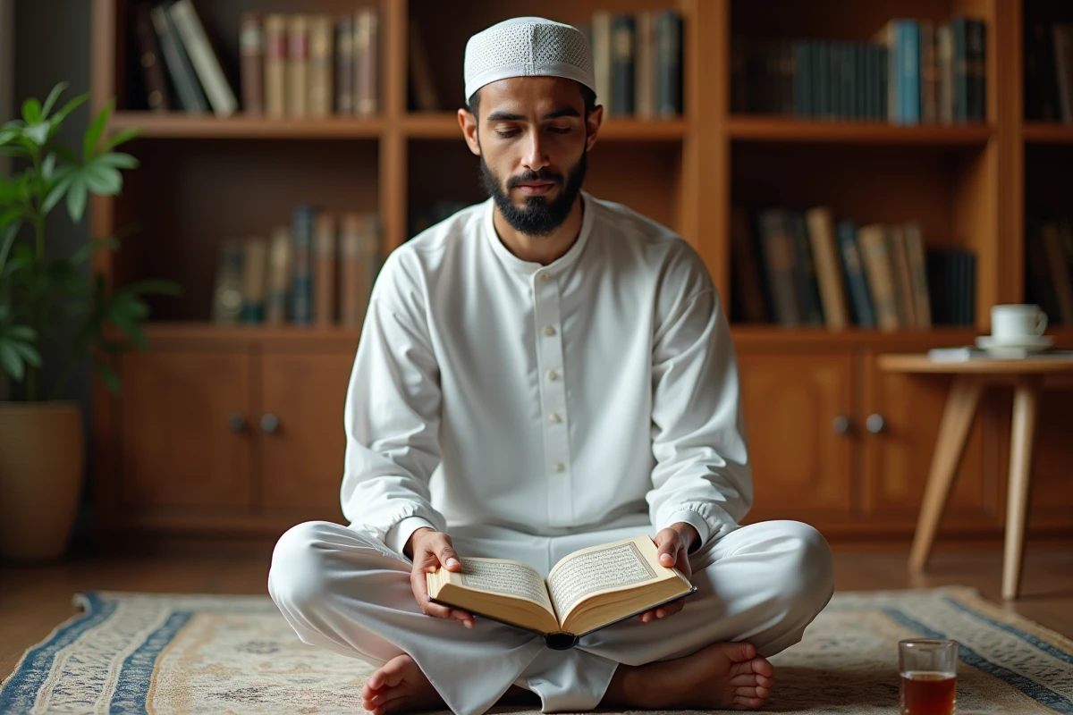 Jeune homme musulman récitant les versets de la sourate Al-Baqara sur un tapis de prière à domicile