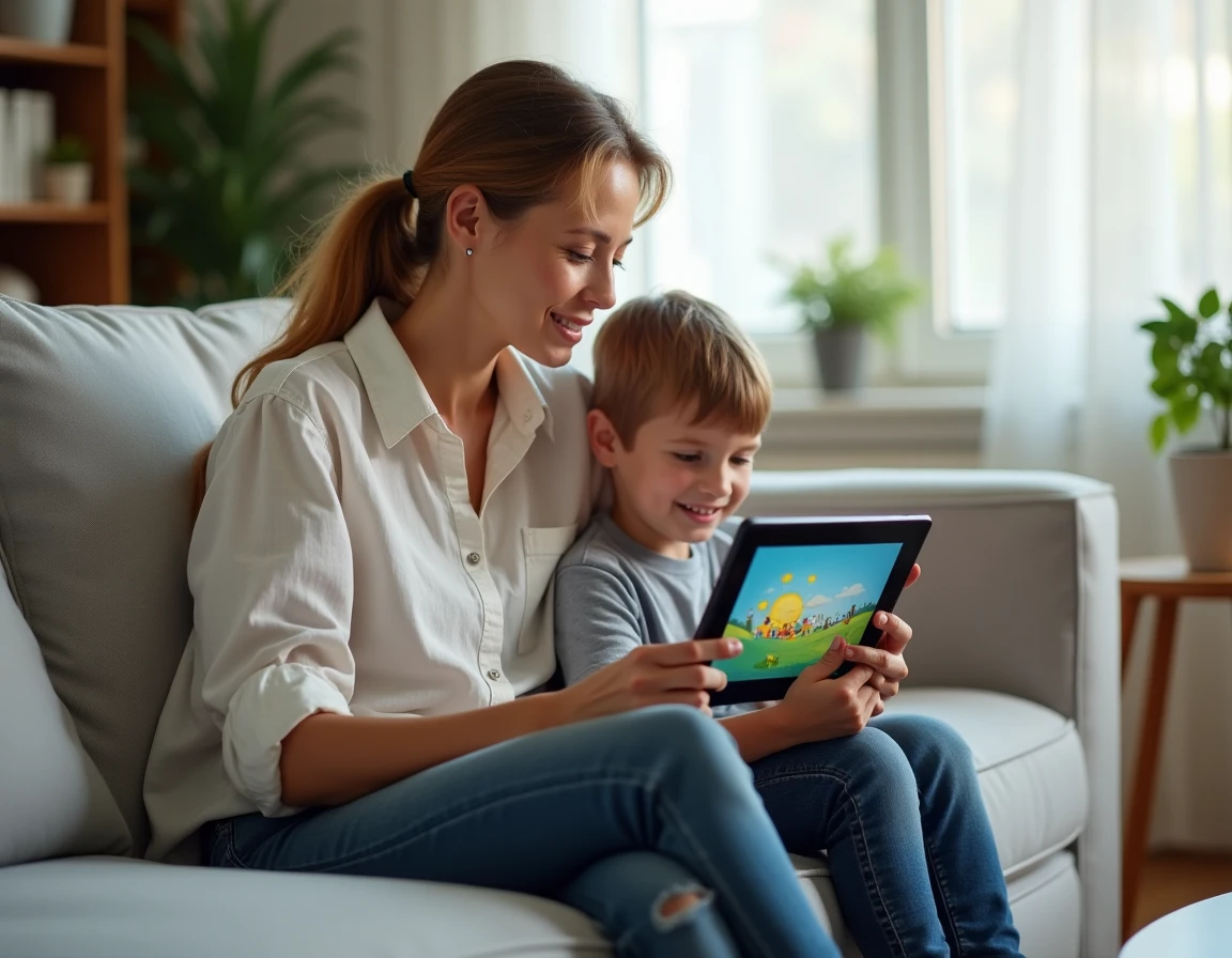 Mère et fils regardant ensemble une tablette de jeu vidéo dans le salon, symbole de l'accompagnement parental et de l'équilibre du temps d'écran