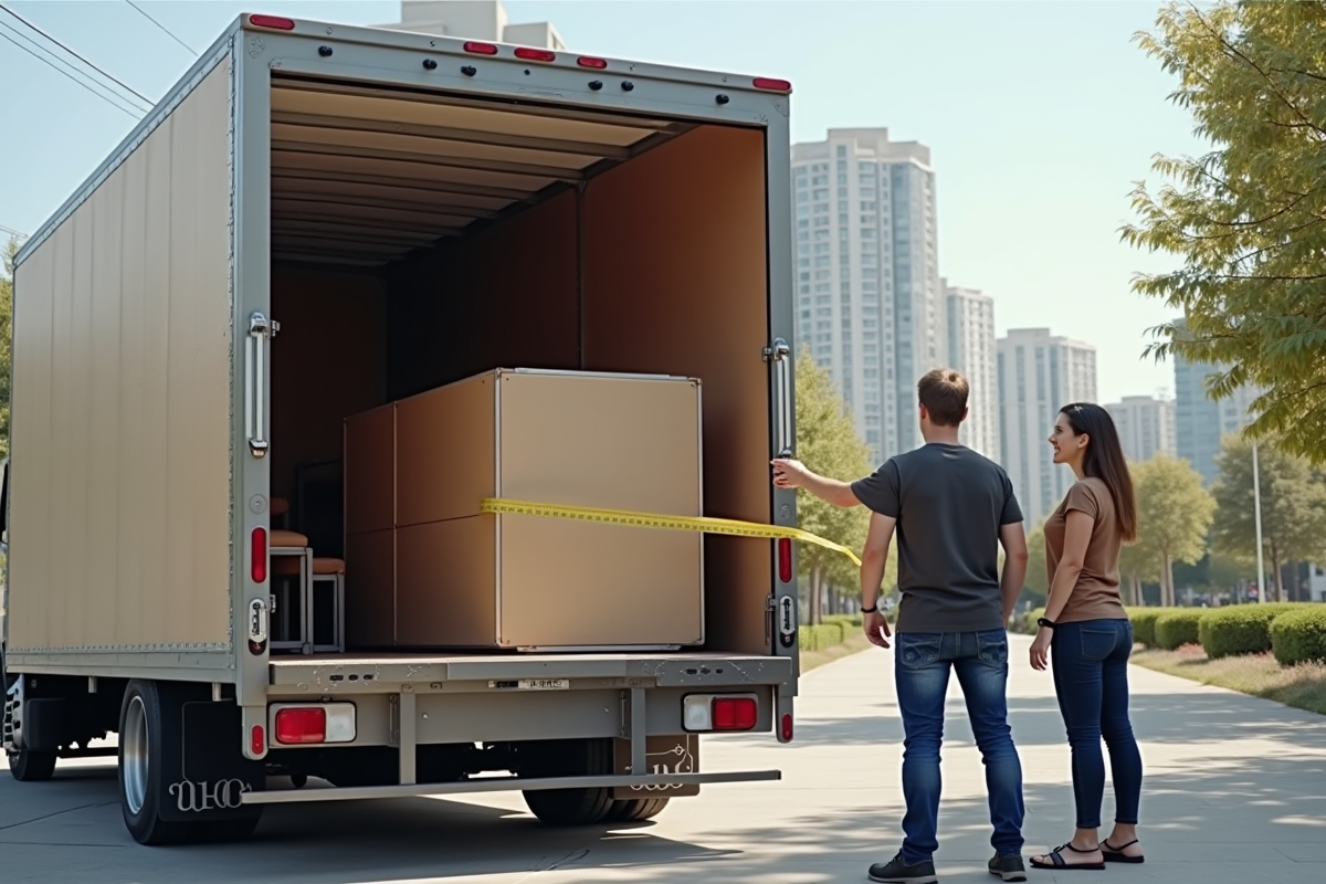 Deux personnes mesurant un meuble avec un mètre dans un camion moderne