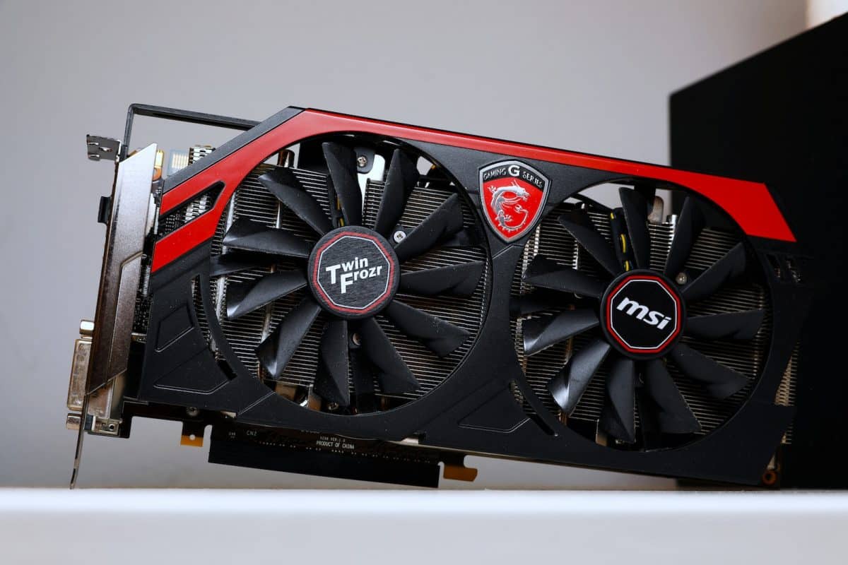 a close up of a red and black graphics card