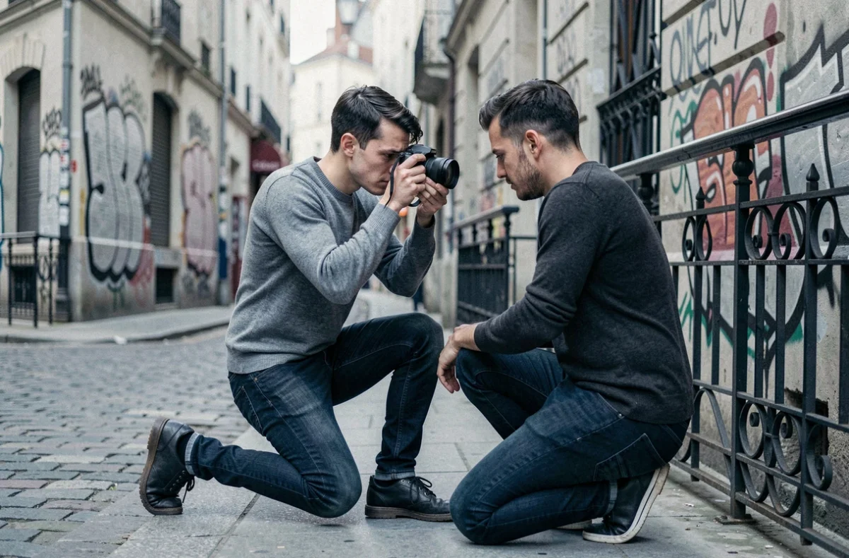 Nathanael Charpentier en pleine séance photo dans une rue urbaine d'Orléans, agenouillé pour cadrer un portrait au niveau des yeux de son sujet