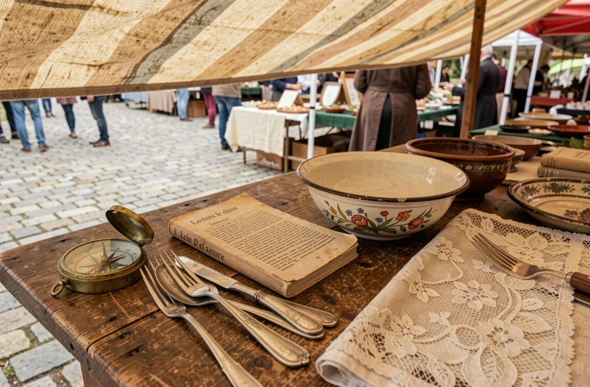 Objets chinés sur un étal de brocante en Aveyron : boussole, vaisselle ancienne et livre vintage