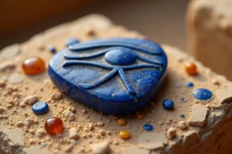 Amulette de l'œil égyptien en lapis-lazuli sculpté posée sur une surface de grès ancien avec des fragments de hiéroglyphes