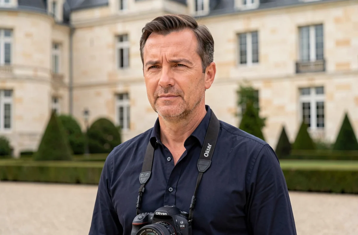 Portrait professionnel du photographe Olivier Pain devant une cour de château ligérien, appareil photo en main, regard assuré et tenue sobre