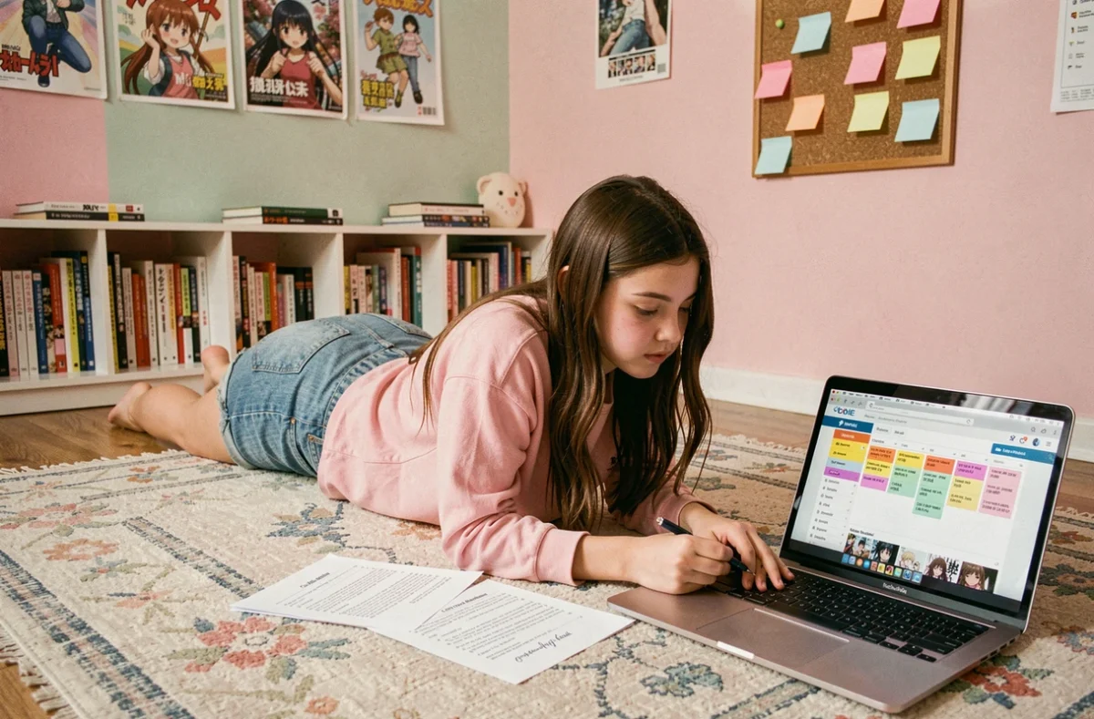 Adolescente organisant son suivi de chapitres manga avec une liste imprimée et un site de tracking sur ordinateur portable dans sa chambre
