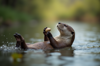 Loutre nageant sur le dos avec pierre dans l'eau