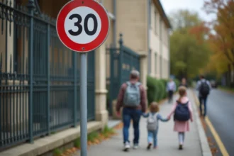 Panneau de limitation de vitesse à 30 km/h devant une école avec un parent et un enfant sur le trottoir