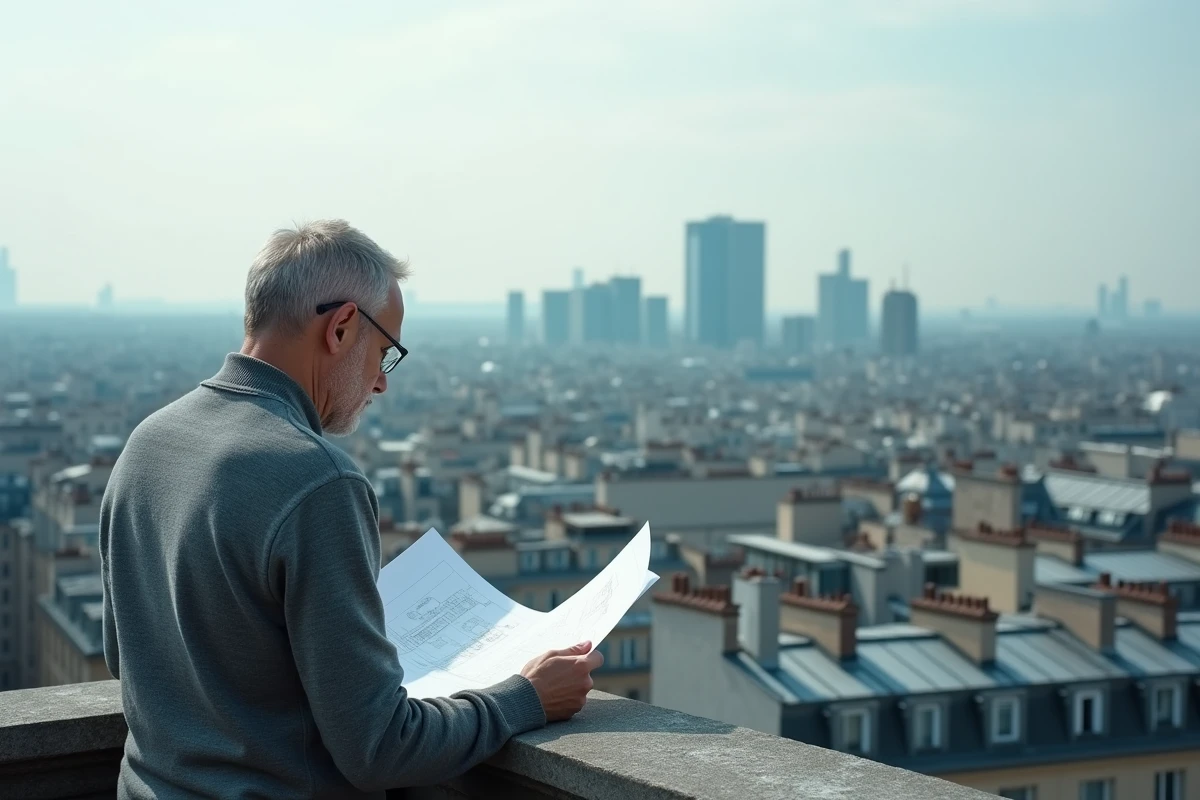 Vue panoramique des toits de Paris avec homme consultant des plans illustrant la croissance urbaine et immobilière de la métropole