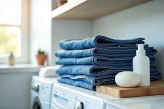 Jeans bleus pliés sur une étagère en bois blanc dans une buanderie lumineuse