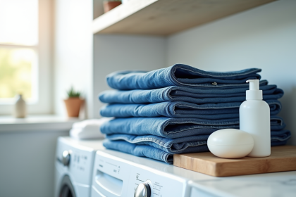 Jeans bleus pliés sur une étagère en bois blanc dans une buanderie lumineuse