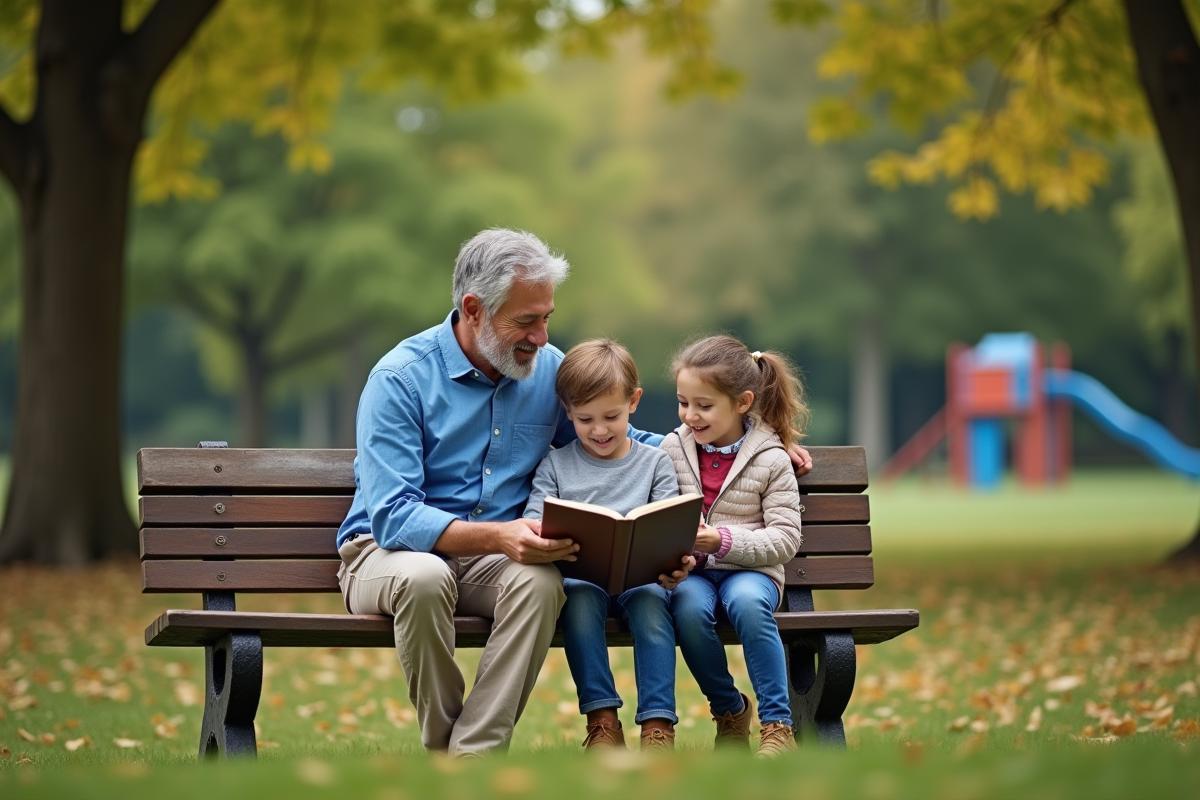 Pere lisant une histoire à ses enfants dans un parc vert