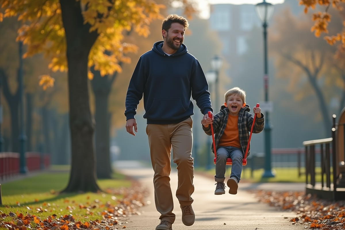 Père et fils jouant sur une balançoire dans un parc