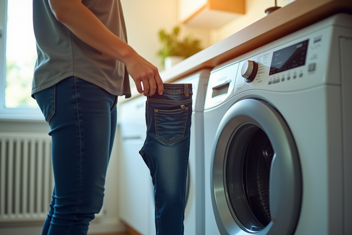 Personne tenant un jean devant une machine à laver moderne dans une pièce lumineuse