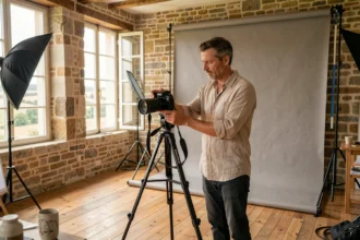 Photographe portraitiste professionnel dans son studio en Centre-Val de Loire, ajustant son appareil photo devant un fond neutre avec paysage ligérien en arrière-plan