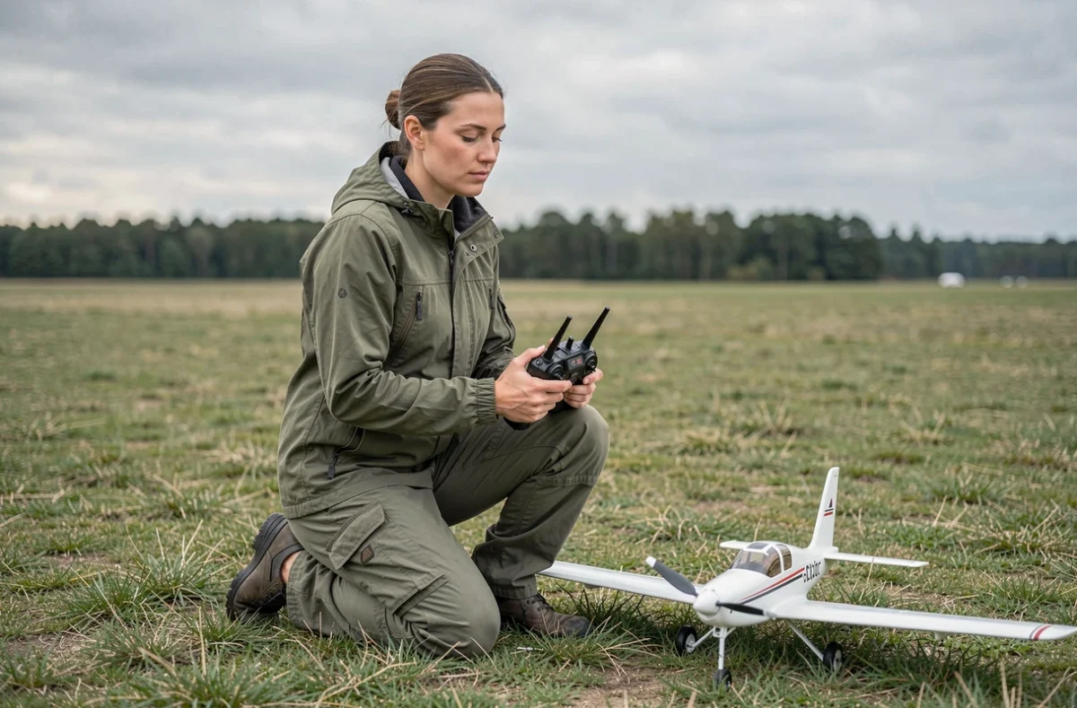 Pilote féminine réglant sa radiocommande sur un terrain de vol en aéromodélisme