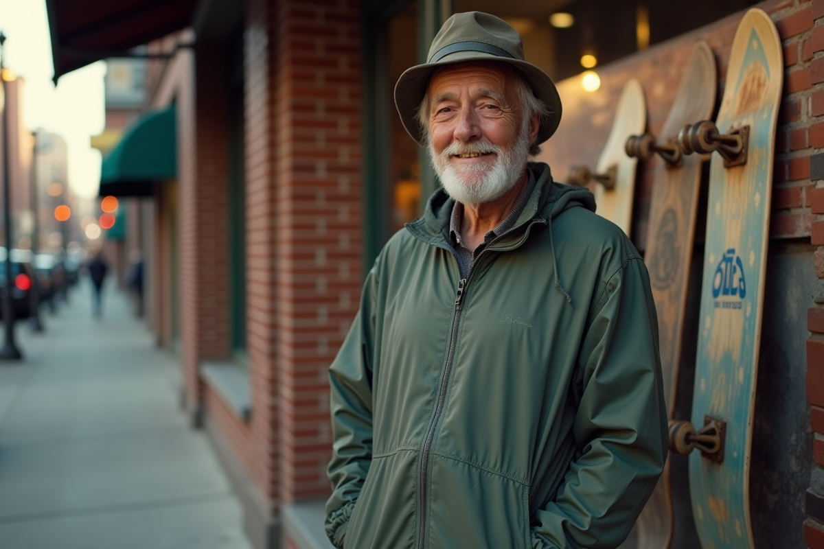 Homme d age avancé en streetwear devant un magasin de skate vintage
