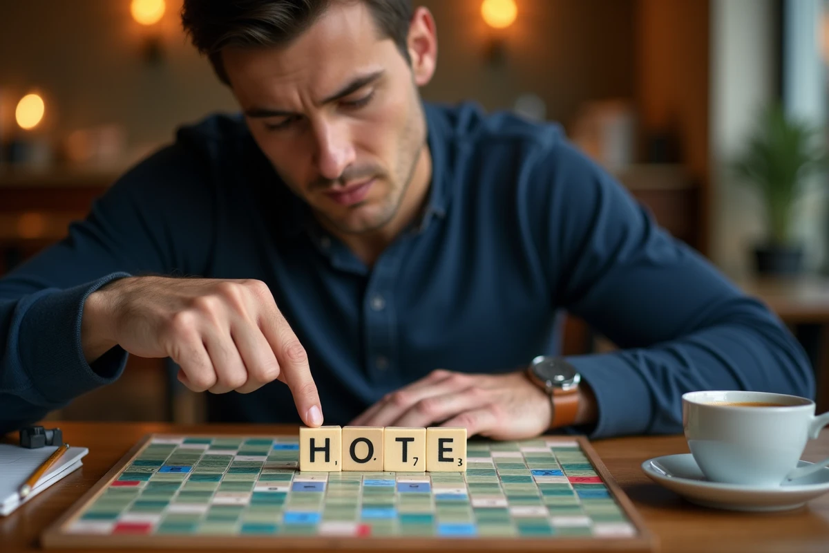 Homme analysant le placement du mot MOTE sur un plateau de Scrabble dans un café, stratégie de jeu