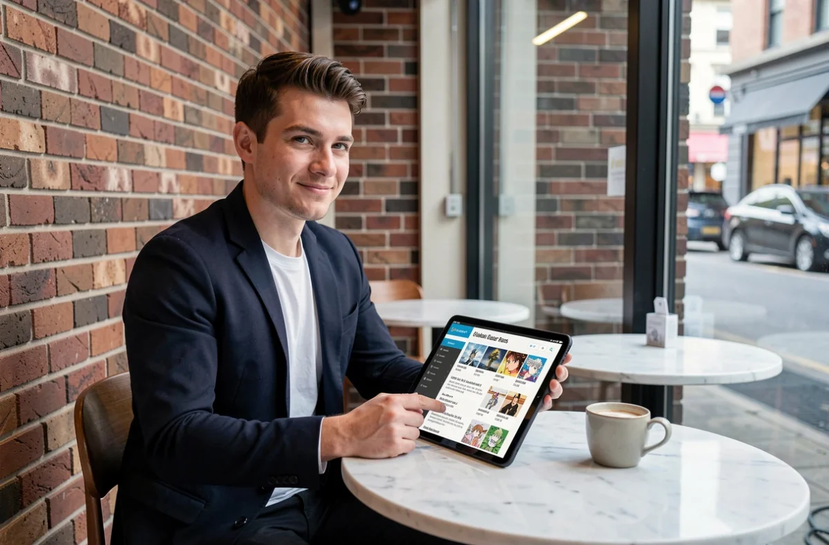 Homme consultant un planning de sorties de scans manga sur tablette dans un café moderne avec décor urbain