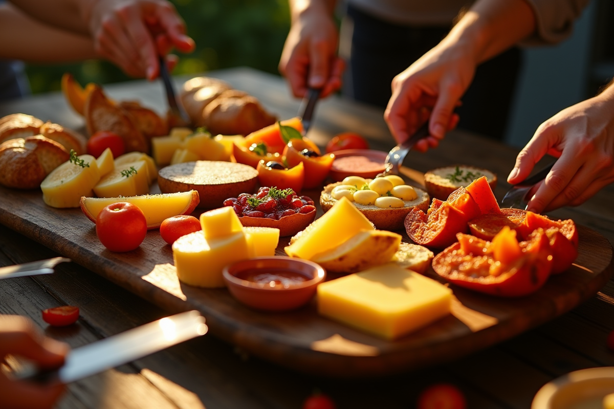 Plateau raclette avec fruits exotiques et pains rustiques
